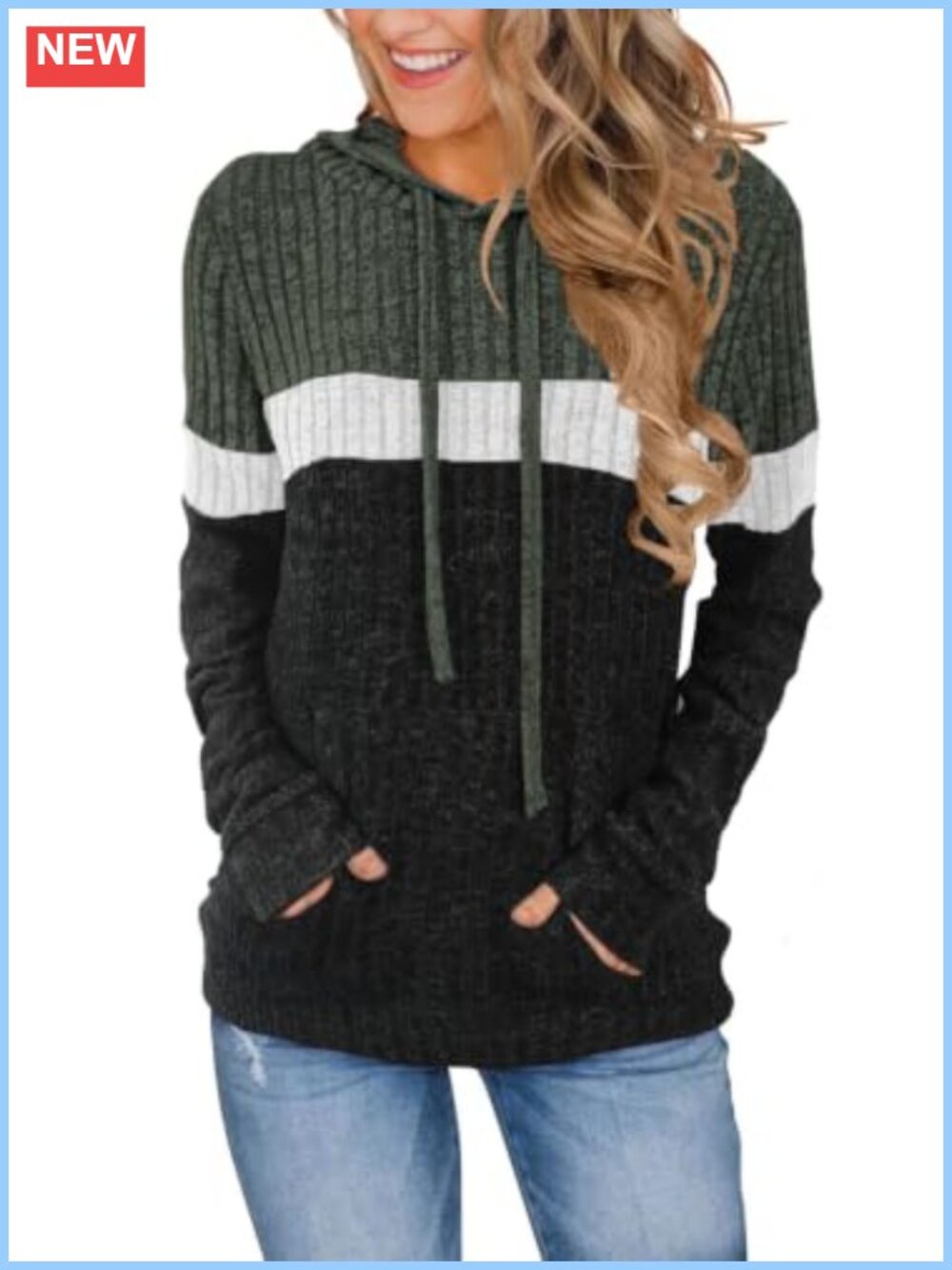 Womens Color Block Knit Hoodie Pullover Sweater with Pocket